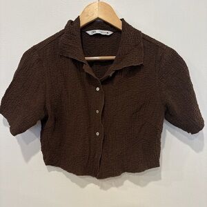 Zara Dark Brown Textured Cropped Button-Down Shirt